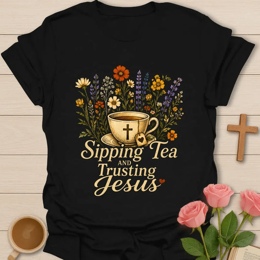 Floral Sipping and Trusting shirt with teacup, florals, cross, and cream vintage lettering. - Black