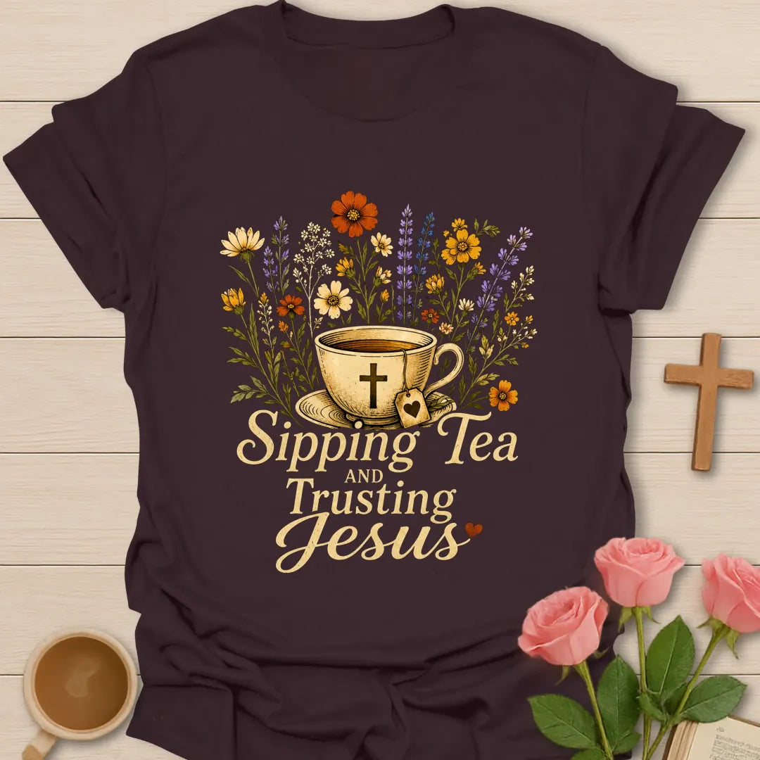 Floral Sipping and Trusting shirt with teacup, florals, cross, and cream vintage lettering. - Dark Chocolate