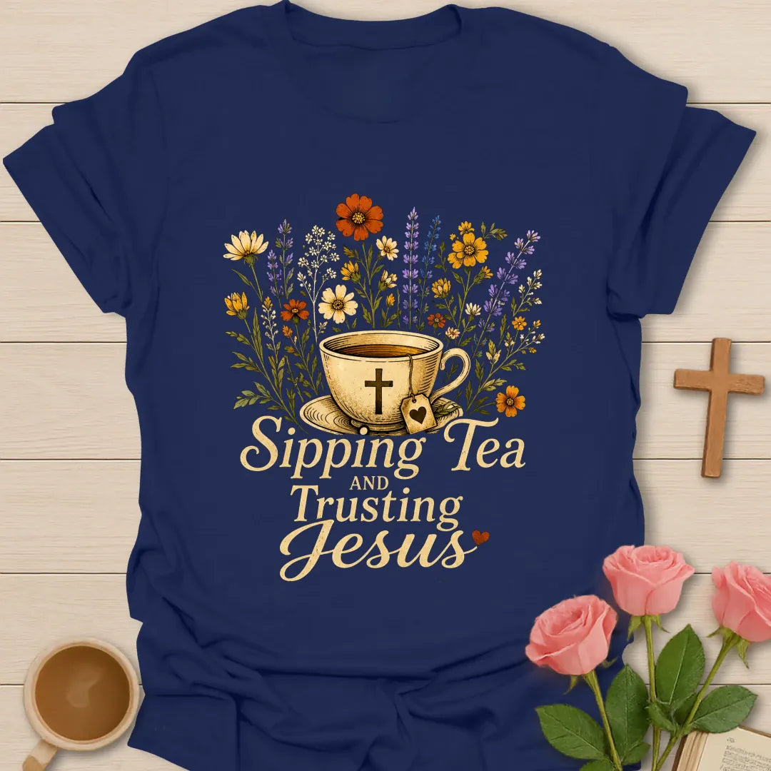 Floral Sipping and Trusting shirt with teacup, florals, cross, and cream vintage lettering. - Navy