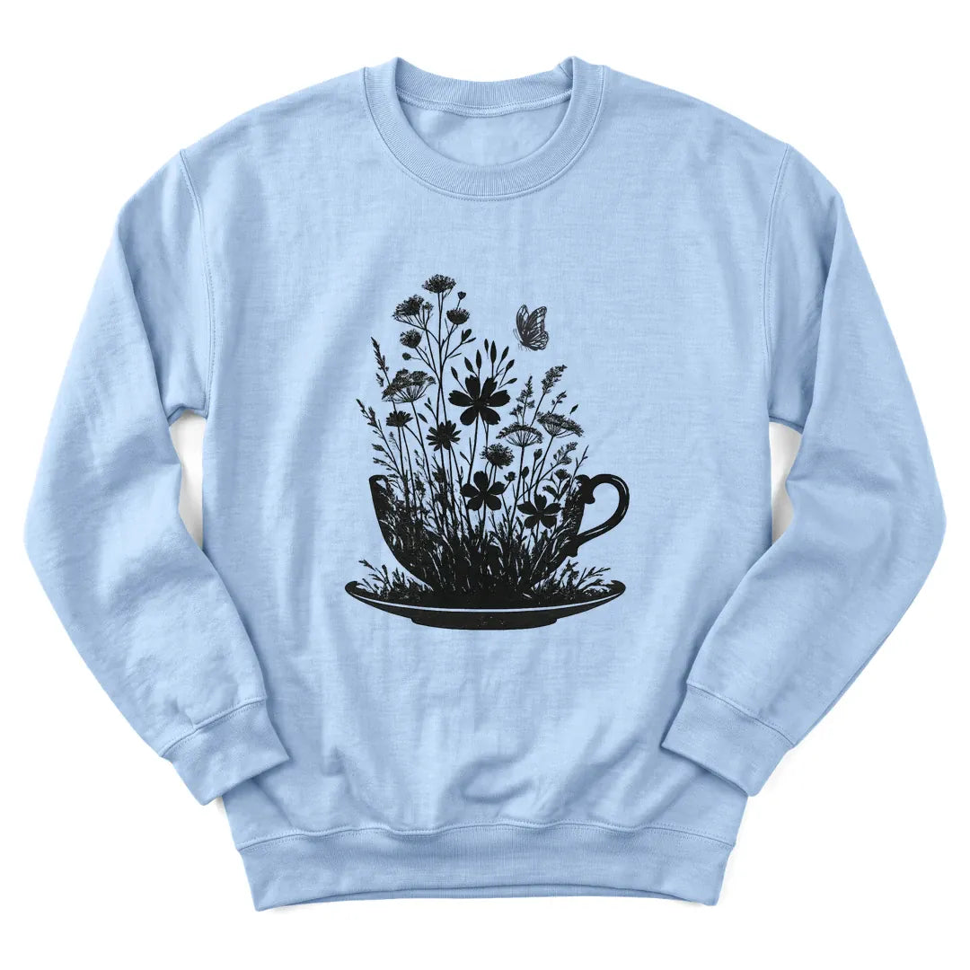 Floral tea cup sweatshirt with blooming flowers spilling from a teacup - Light Blue