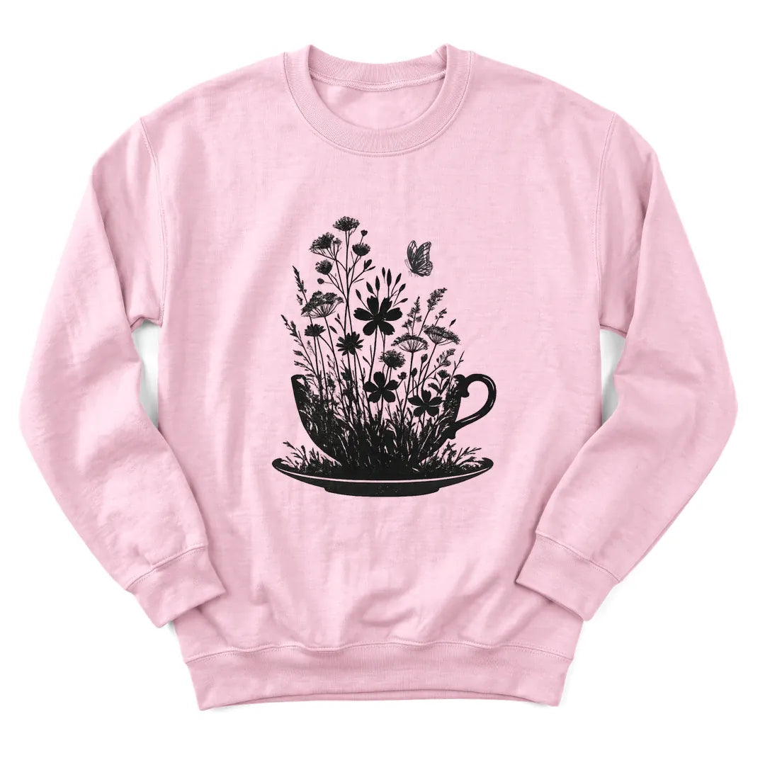 Floral tea cup sweatshirt with blooming flowers spilling from a teacup - Light Pink