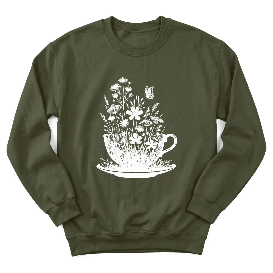 Floral tea cup sweatshirt with blooming flowers spilling from a teacup - Military Green