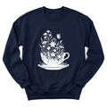 Floral tea cup sweatshirt with blooming flowers spilling from a teacup - Navy