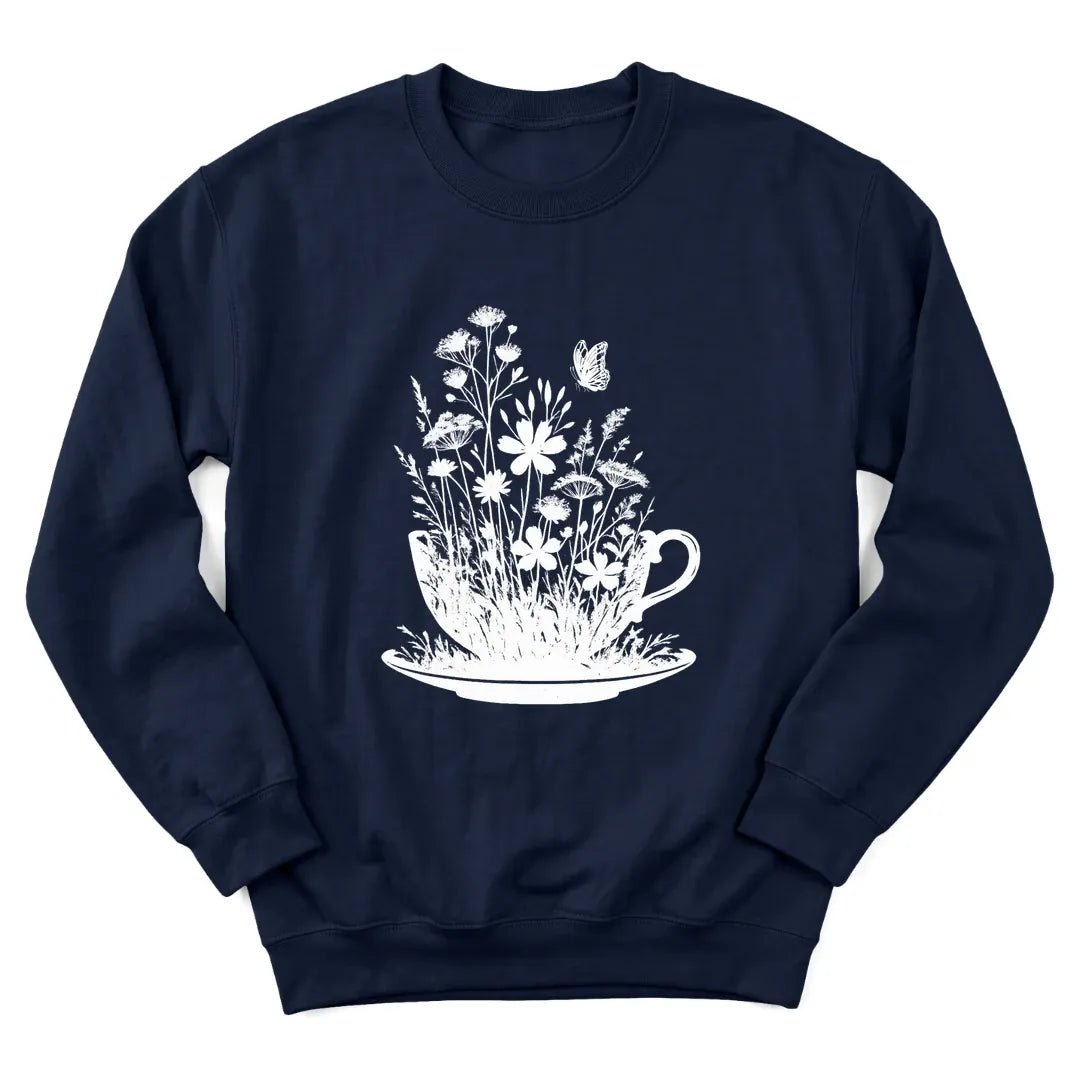 Floral tea cup sweatshirt with blooming flowers spilling from a teacup - Navy