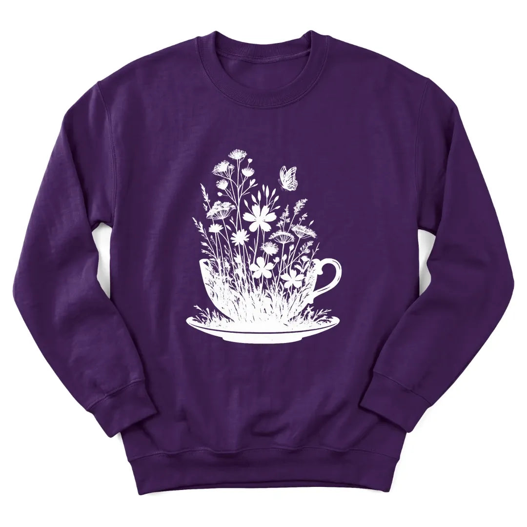 Floral tea cup sweatshirt with blooming flowers spilling from a teacup - Purple