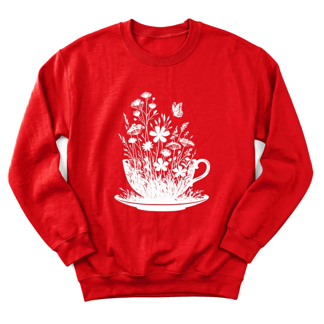 Floral tea cup sweatshirt with blooming flowers spilling from a teacup - Red