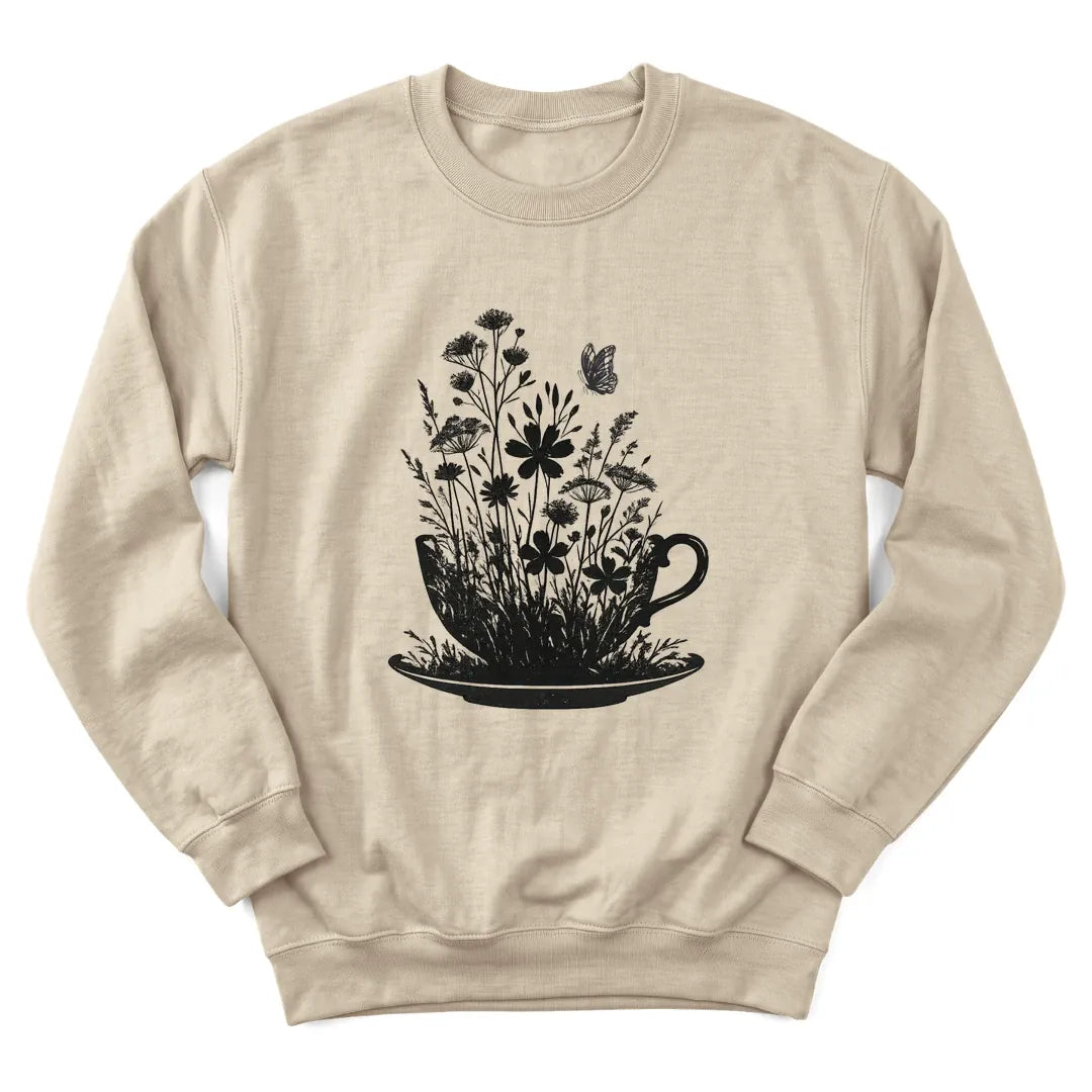 Floral tea cup sweatshirt with blooming flowers spilling from a teacup - Sand
