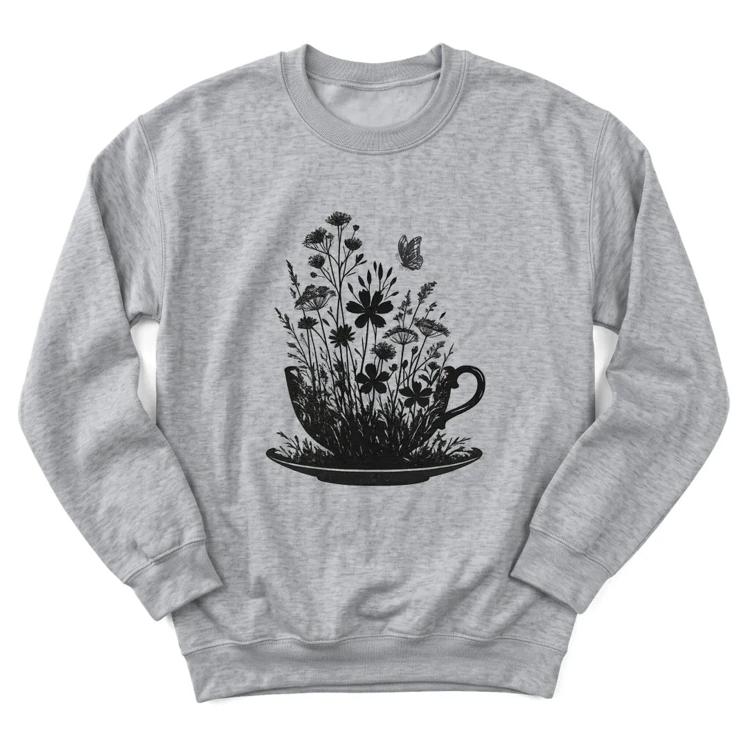 Floral tea cup sweatshirt with blooming flowers spilling from a teacup - Sport Grey