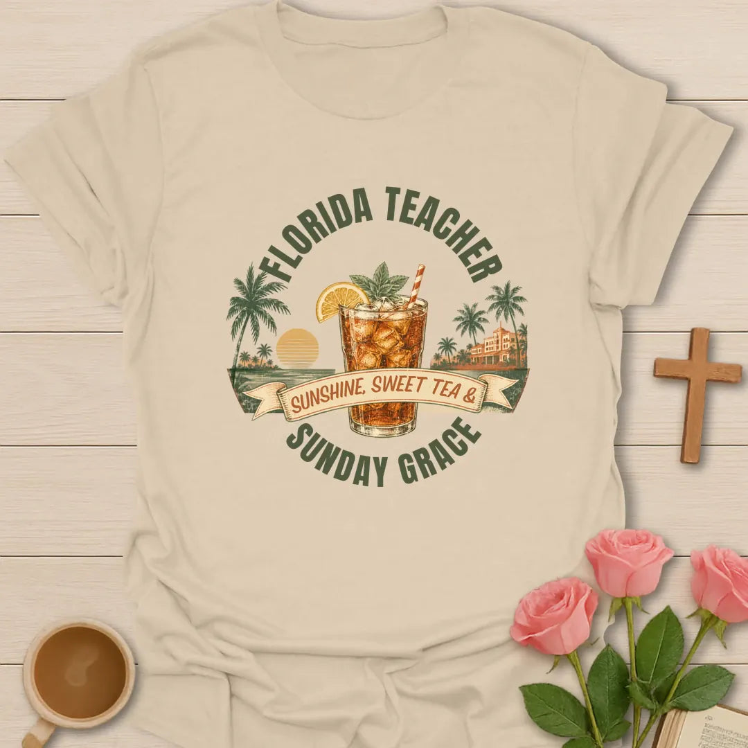 Florida Teacher shirt with arched green text, iced sweet tea glass, orange slice, palms, sunset, ribbon banner, and Sunday Grace wording. - Sand