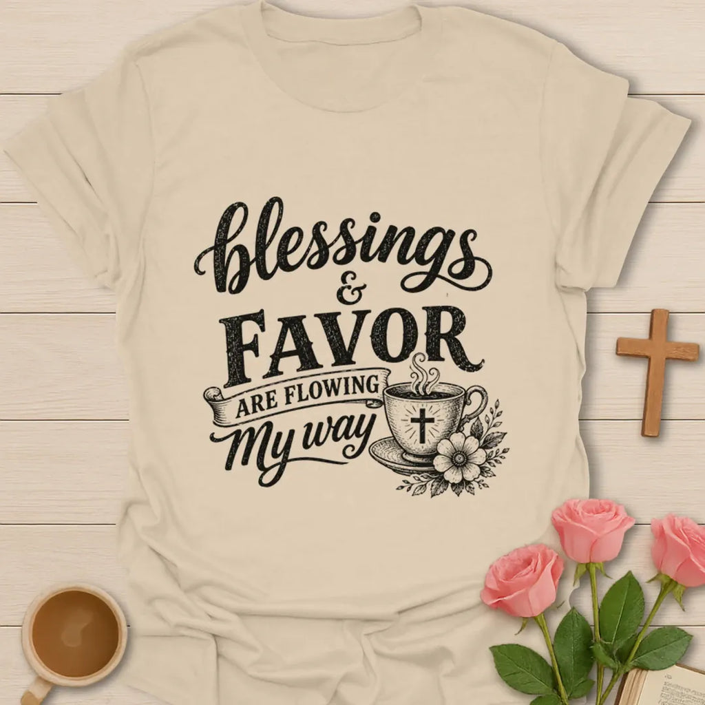 Blessings and Favor Are Flowing My Way shirt with cross cup, flowers, and vintage black lettering. - Sand