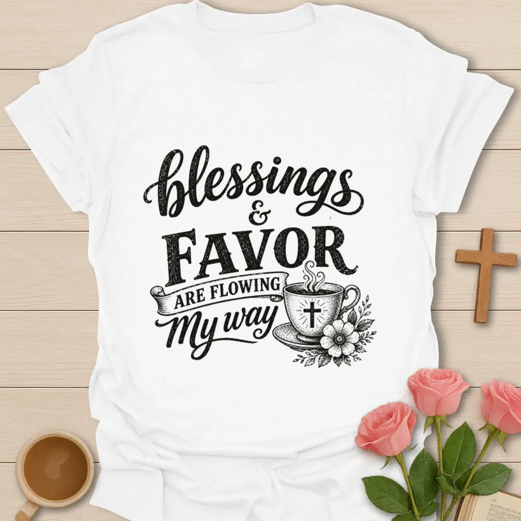 Blessings and Favor Are Flowing My Way shirt with cross cup, flowers, and vintage black lettering. - White