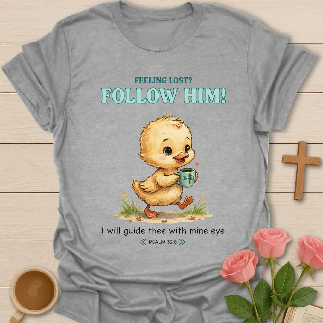 Follow Him Duckling Christian t-shirt with faith-inspired tea lettering design - Sport Grey