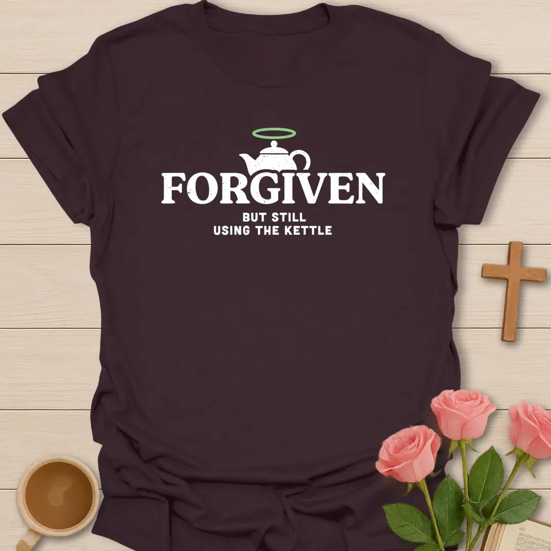 Forgiven Kettle shirt with tea kettle, cross, and cream vintage lettering. - Dark Chocolate