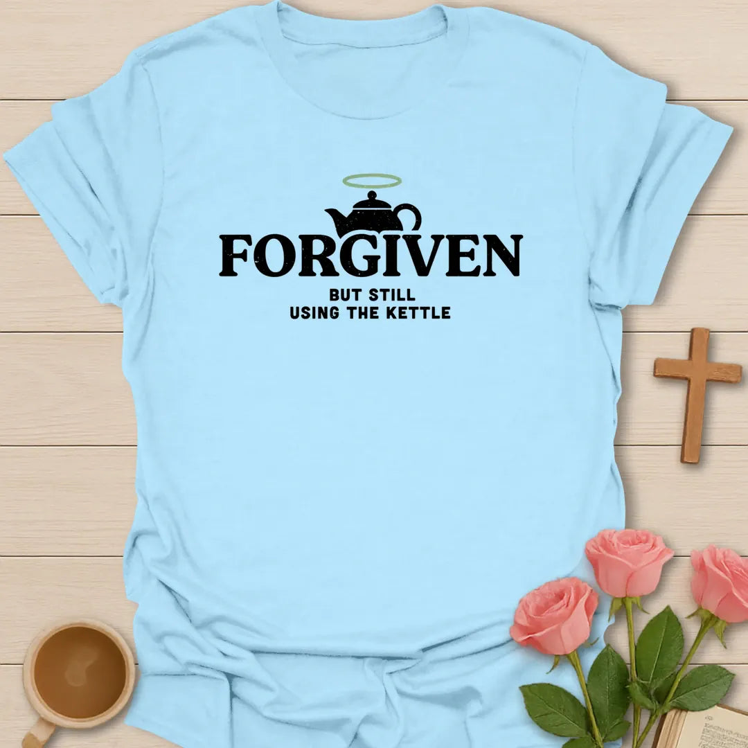 Forgiven Kettle shirt with tea kettle, cross, and cream vintage lettering. - Light Blue