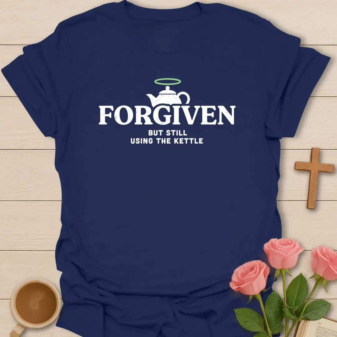 Forgiven Kettle shirt with tea kettle, cross, and cream vintage lettering. - Navy