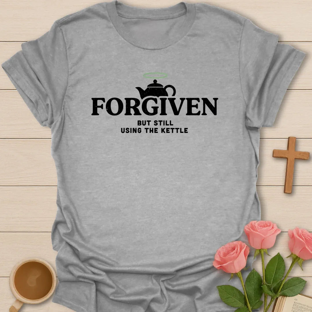 Forgiven Kettle shirt with tea kettle, cross, and cream vintage lettering. - Sport Grey