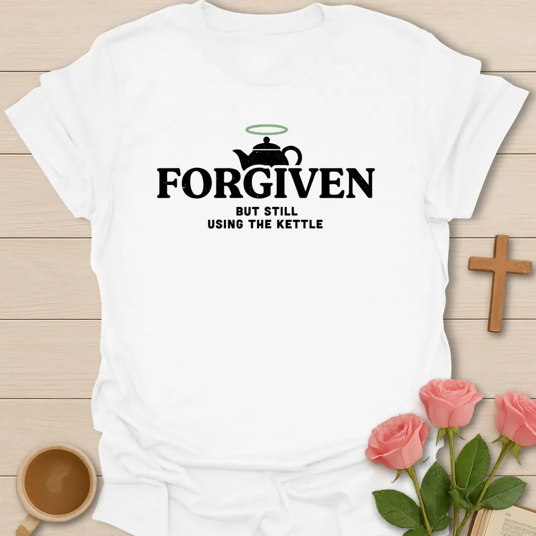 Forgiven Kettle shirt with tea kettle, cross, and cream vintage lettering. - White