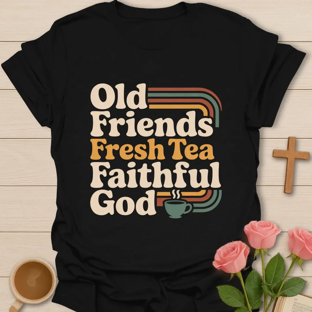 Old Friends Fresh Tea Faithful God retro Christian t-shirt with rainbow stripes and a steaming teacup - Black
