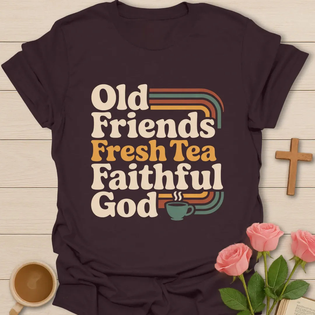 Old Friends Fresh Tea Faithful God retro Christian t-shirt with rainbow stripes and a steaming teacup - Dark Chocolate