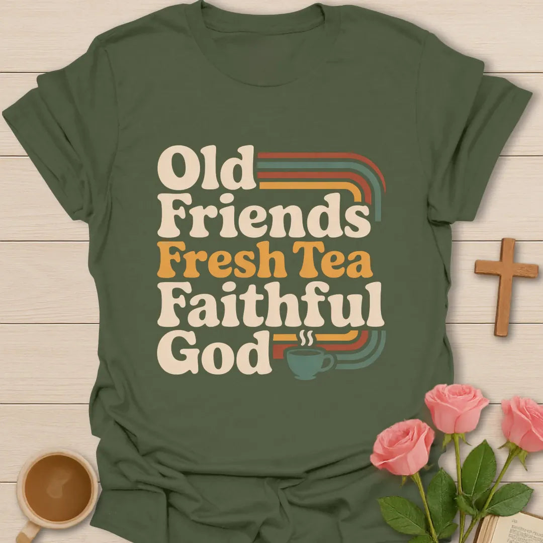 Old Friends Fresh Tea Faithful God retro Christian t-shirt with rainbow stripes and a steaming teacup - Military Green