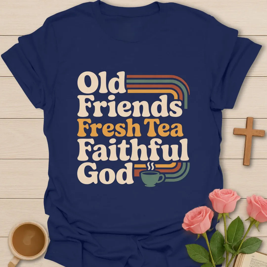 Old Friends Fresh Tea Faithful God retro Christian t-shirt with rainbow stripes and a steaming teacup - Navy