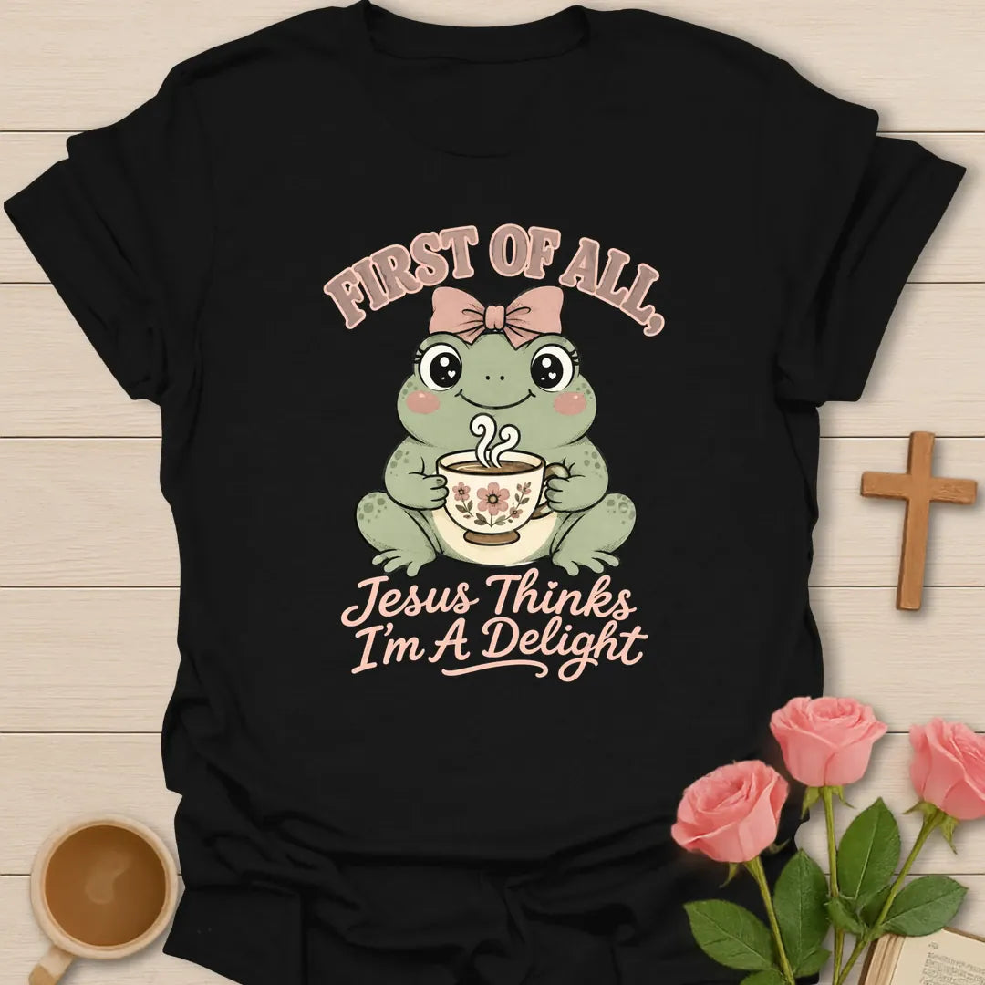 Froggy Tea Delight shirt with cute frog, teacup, and cream lettering. - Black