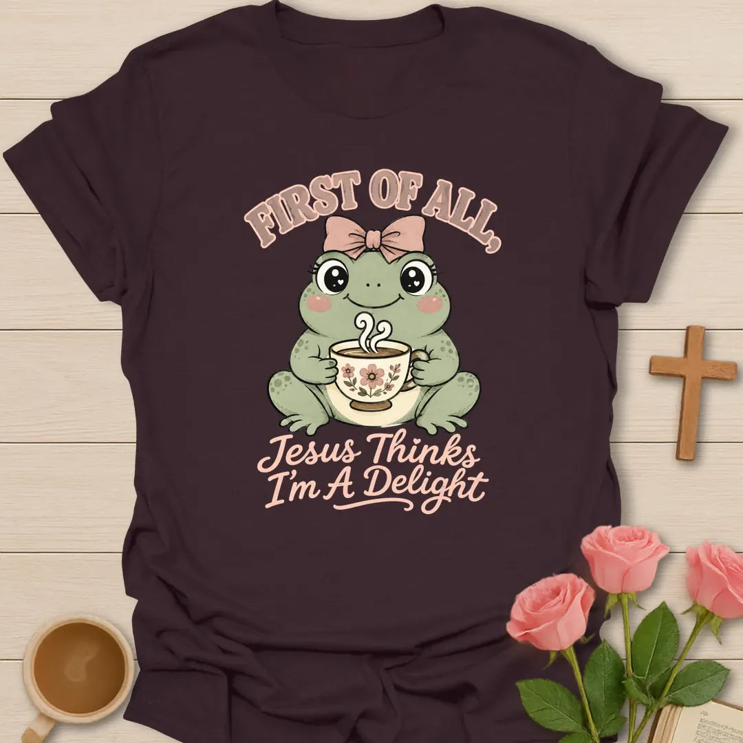 Froggy Tea Delight shirt with cute frog, teacup, and cream lettering. - Dark Chocolate