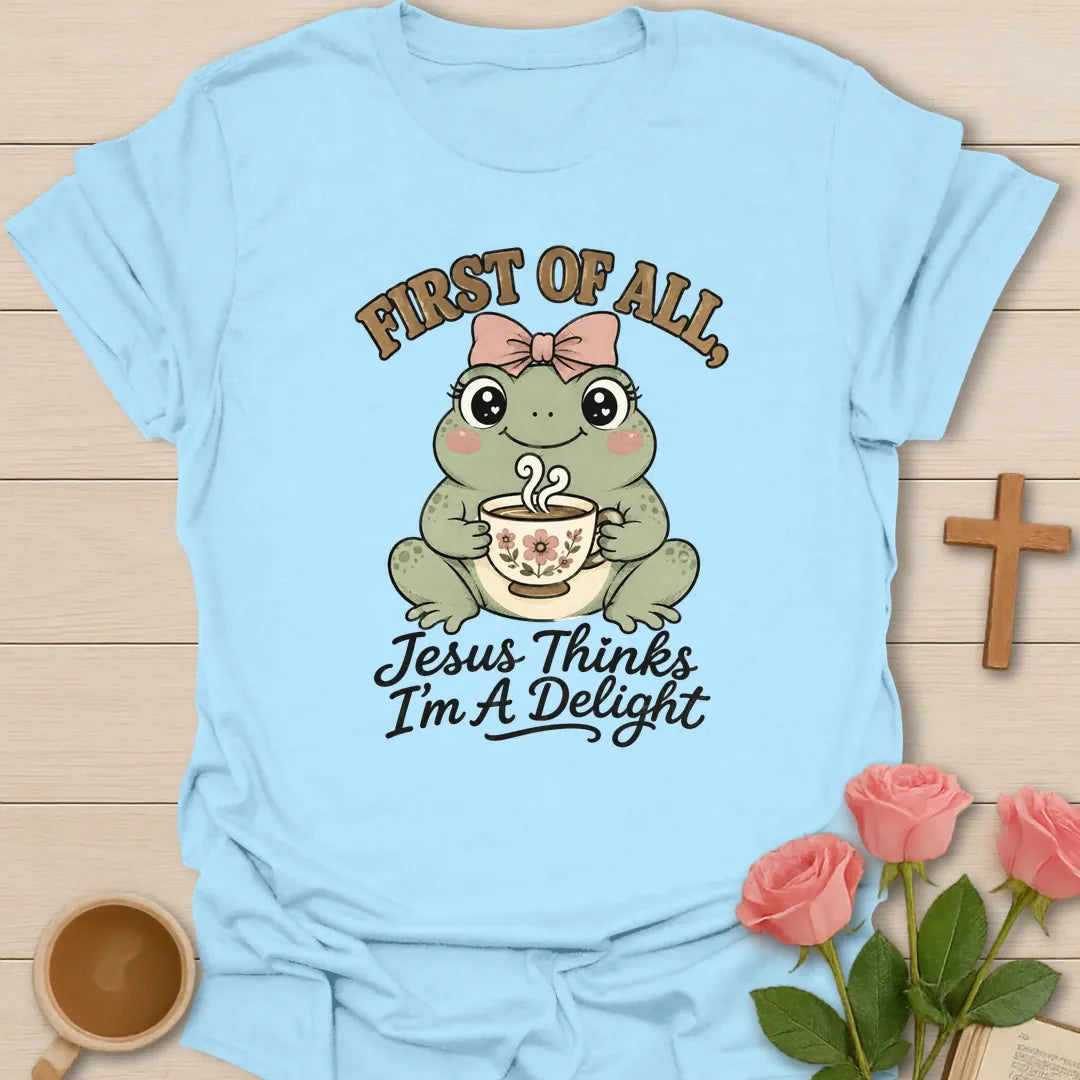 Froggy Tea Delight shirt with cute frog, teacup, and cream lettering. - Light Blue