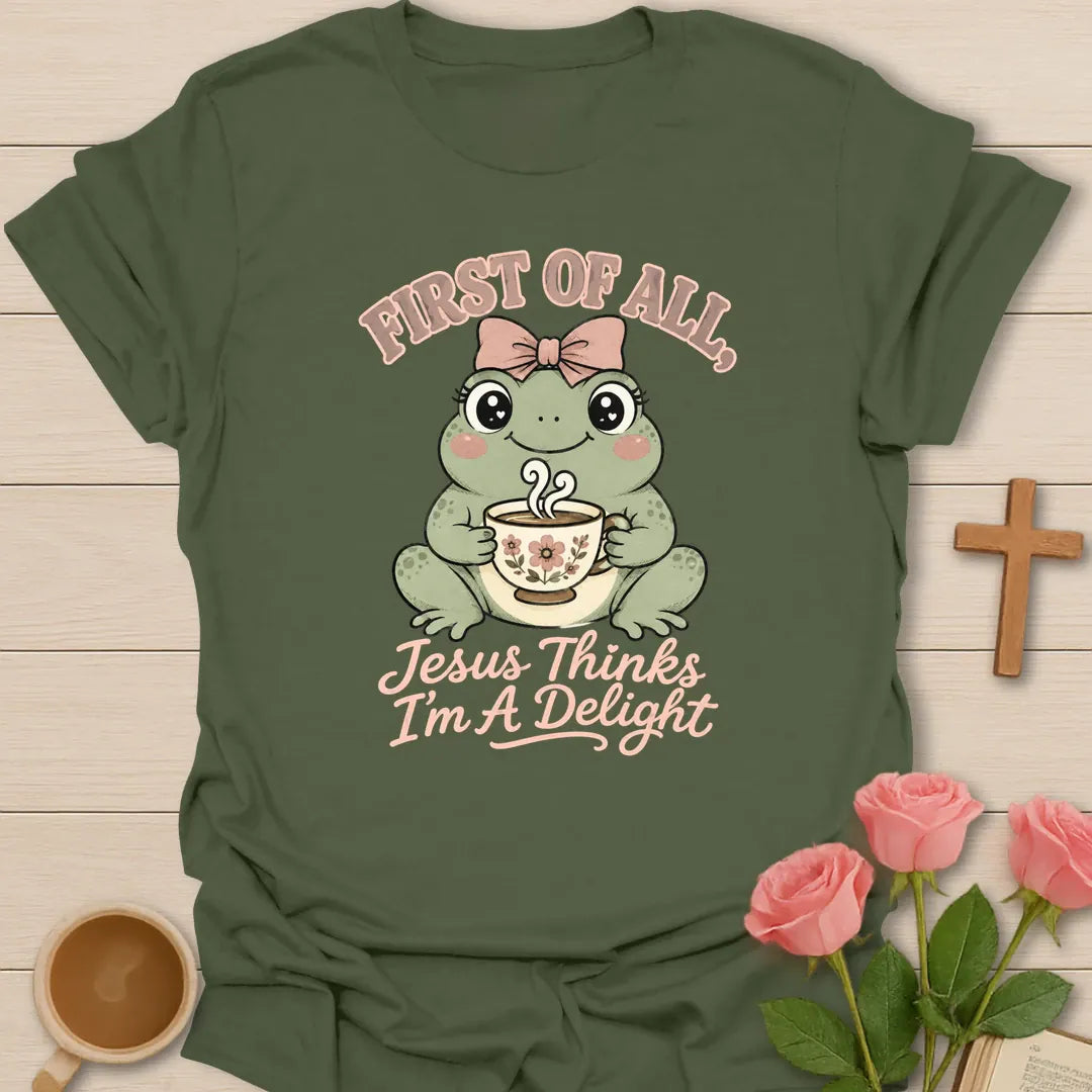 Froggy Tea Delight shirt with cute frog, teacup, and cream lettering. - Military Green