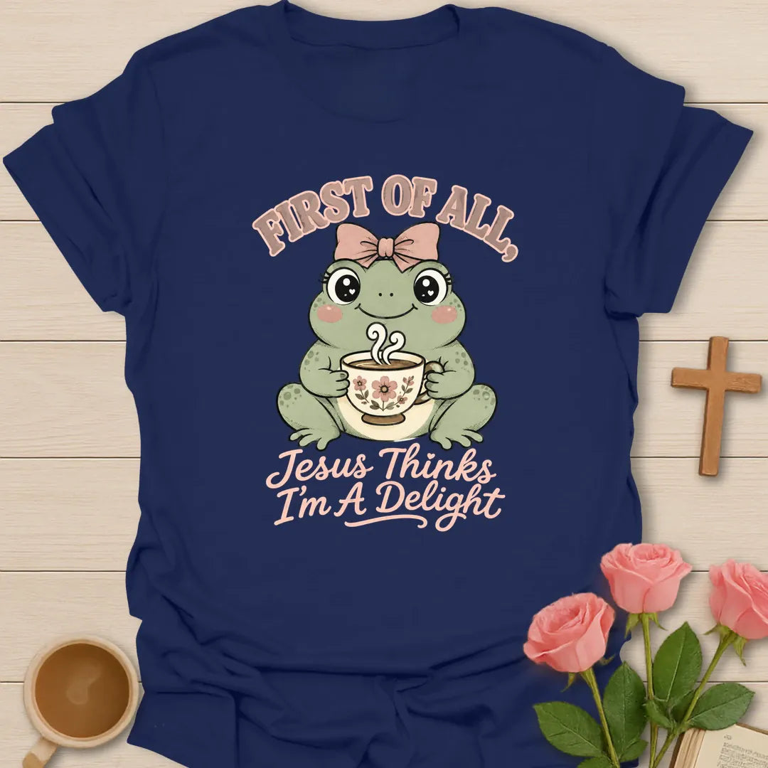 Froggy Tea Delight shirt with cute frog, teacup, and cream lettering. - Navy