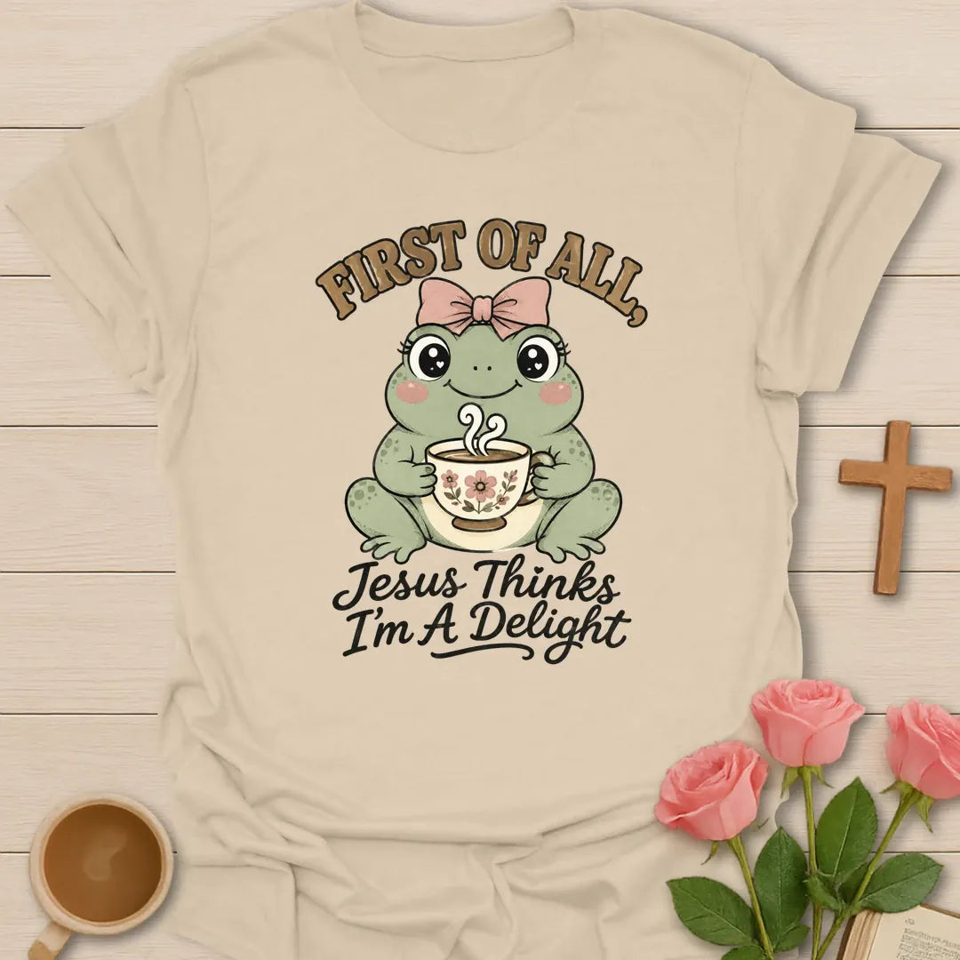 Froggy Tea Delight shirt with cute frog, teacup, and cream lettering. - Sand