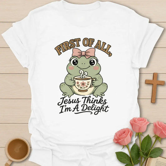 Froggy Tea Delight shirt with cute frog, teacup, and cream lettering. - White