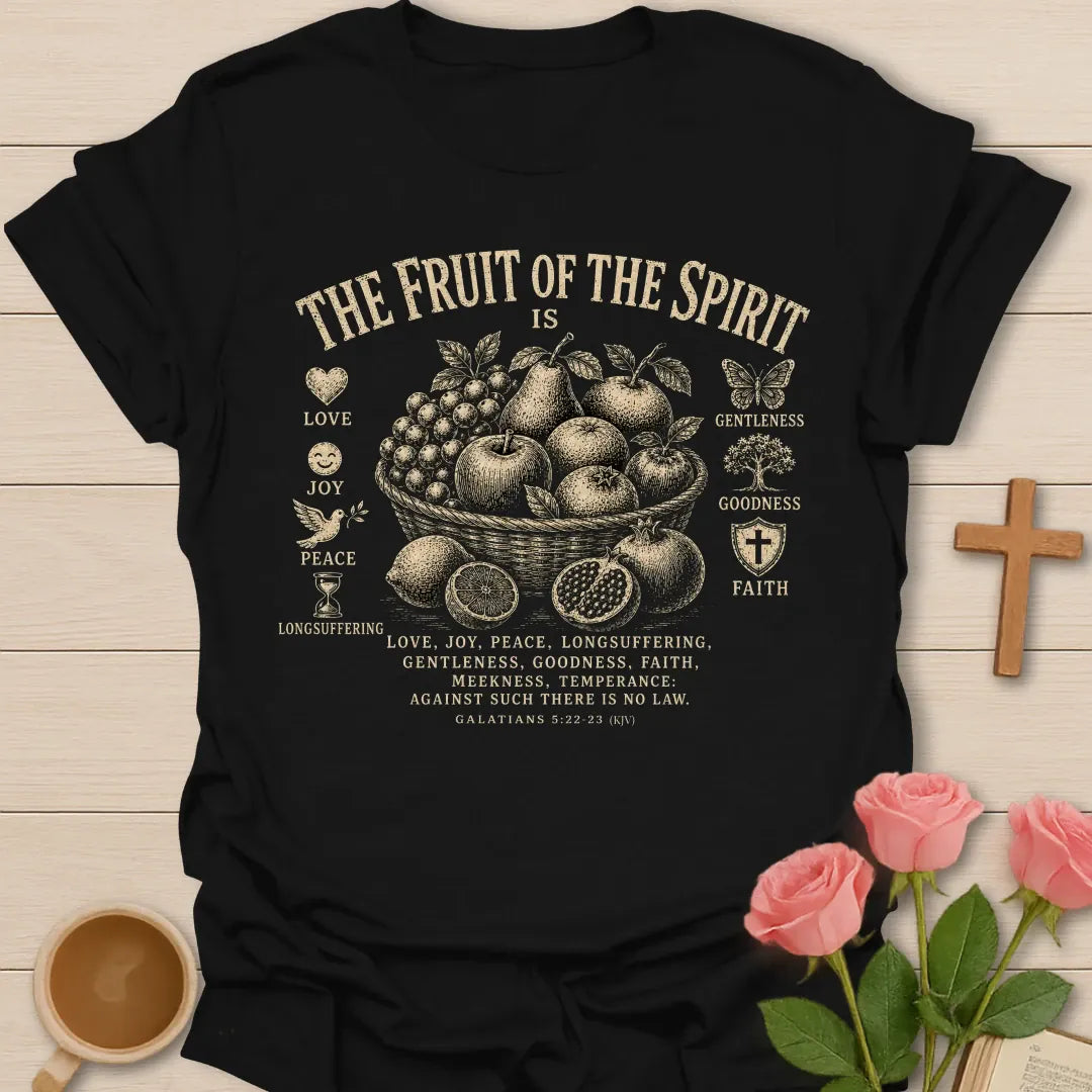 Fruit of the Spirit shirt with cream vintage lettering, botanical accents, and Galatians 5:22 text. - Black