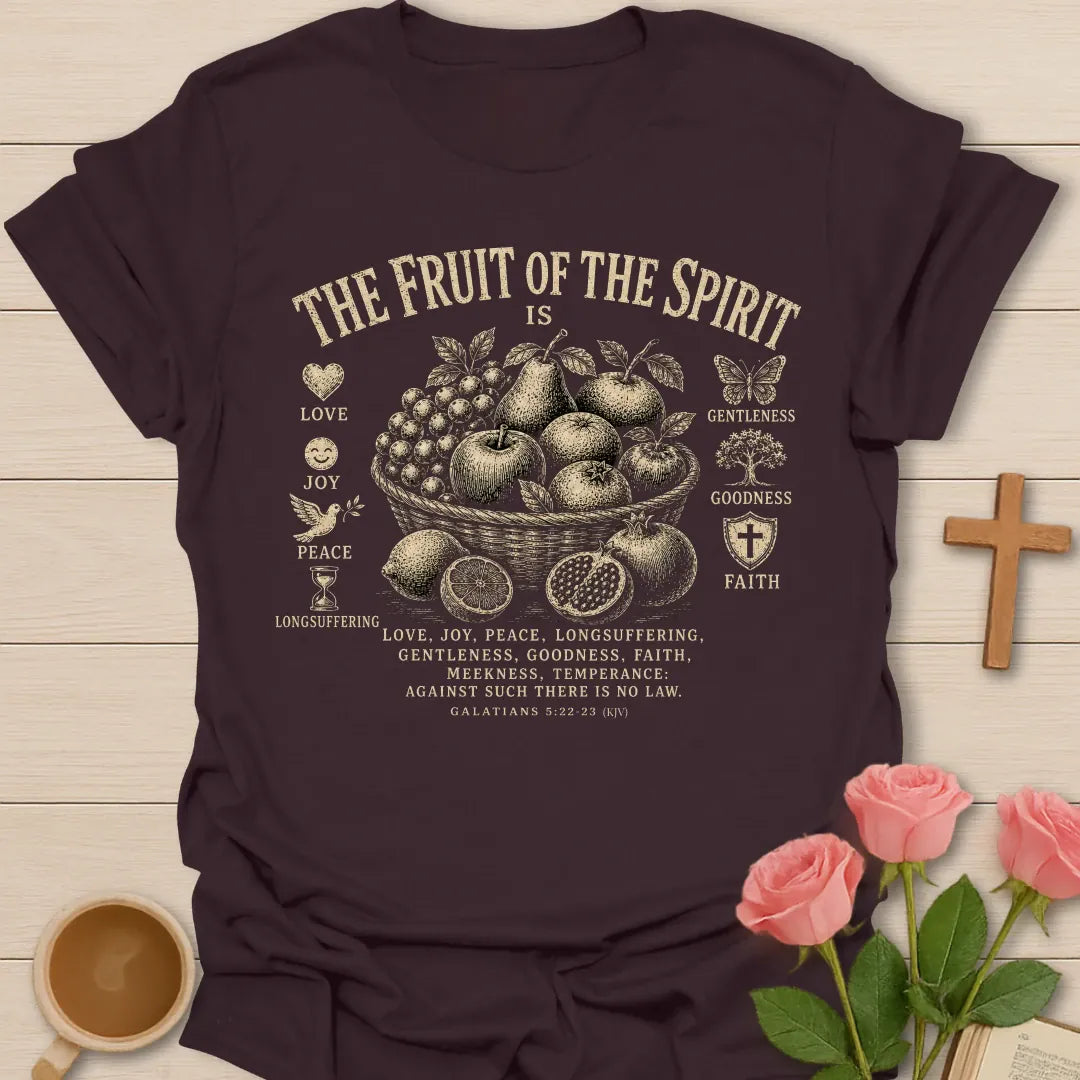 Fruit of the Spirit shirt with cream vintage lettering, botanical accents, and Galatians 5:22 text. - Dark Chocolate