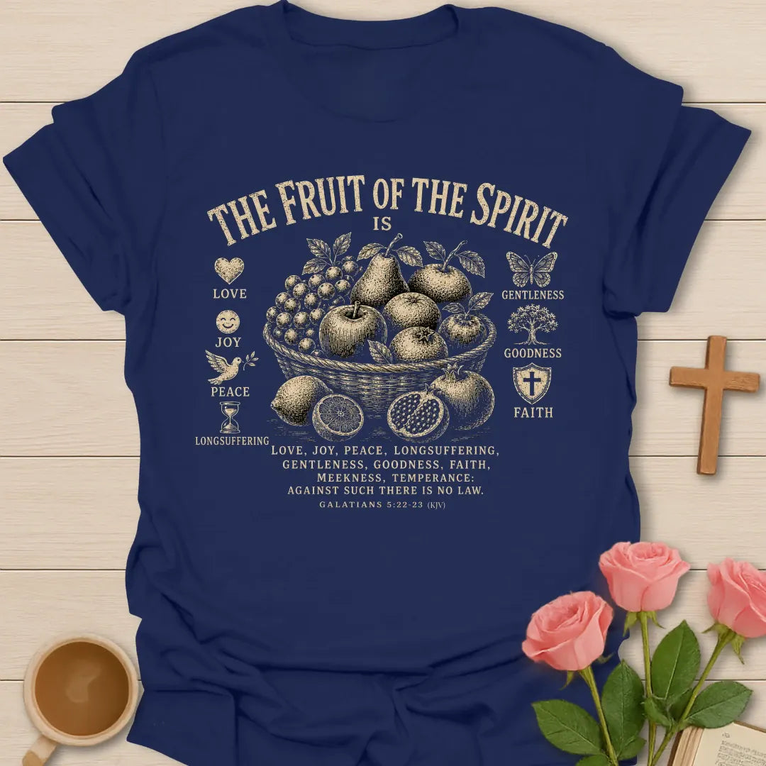 Fruit of the Spirit shirt with cream vintage lettering, botanical accents, and Galatians 5:22 text. - Navy