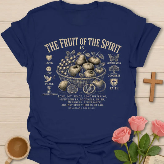 Fruit of the Spirit shirt with cream vintage lettering, botanical accents, and Galatians 5:22 text. - Navy