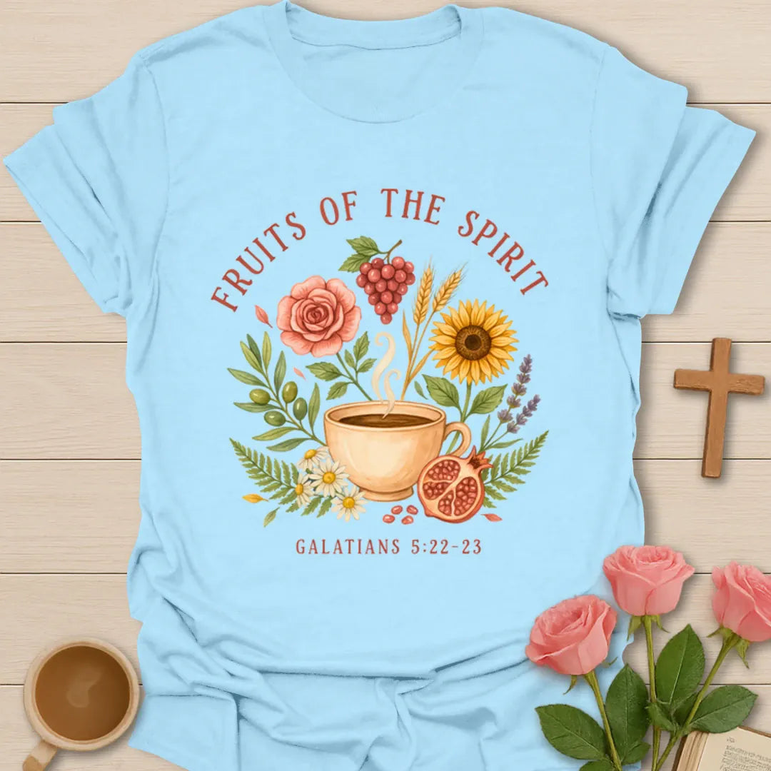 Fruit of the Spirit tea shirt with teacup, fruit wreath, flowers, grapes, pomegranate, and Galatians 5 verse - Light Blue