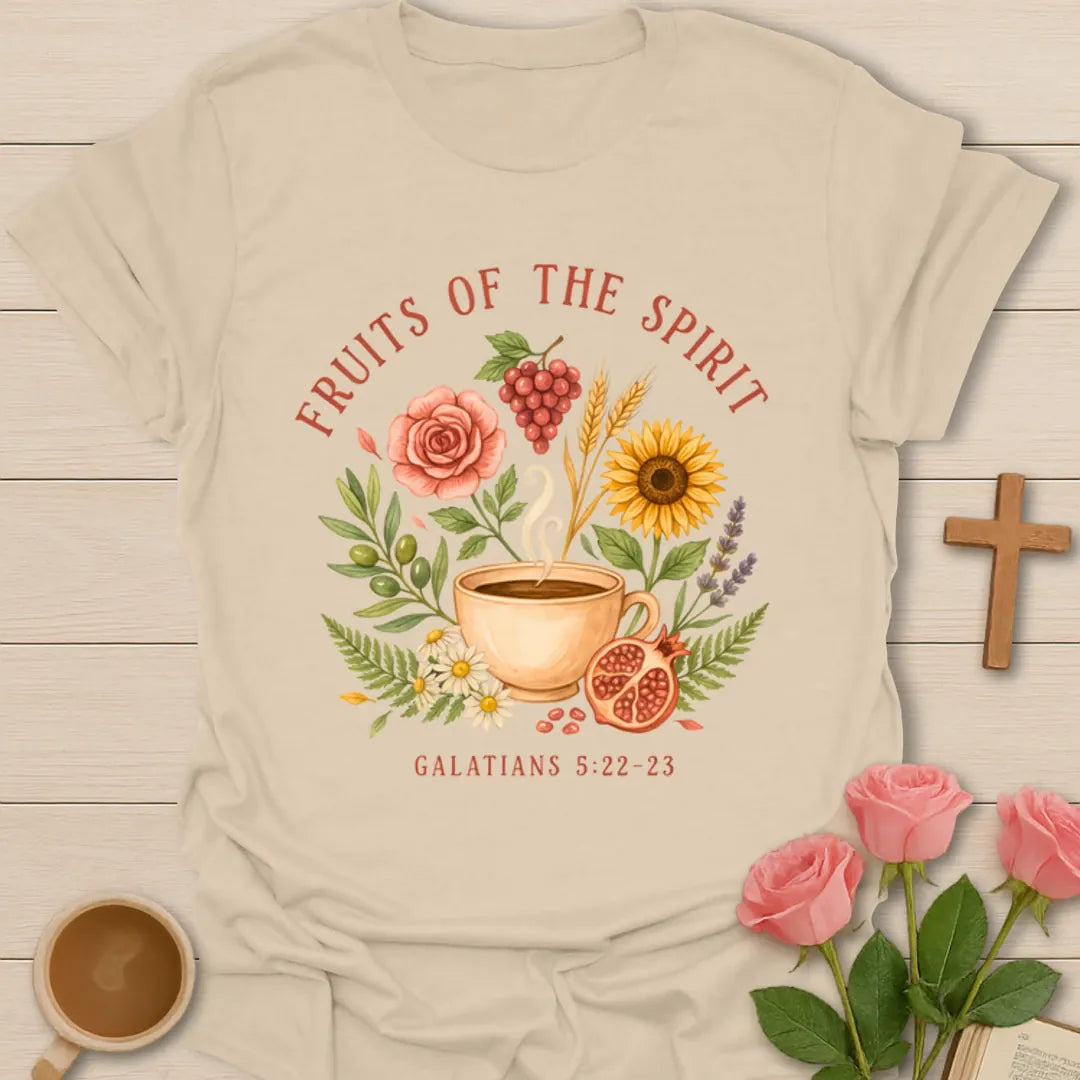 Fruit of the Spirit tea shirt with teacup, fruit wreath, flowers, grapes, pomegranate, and Galatians 5 verse - Sand