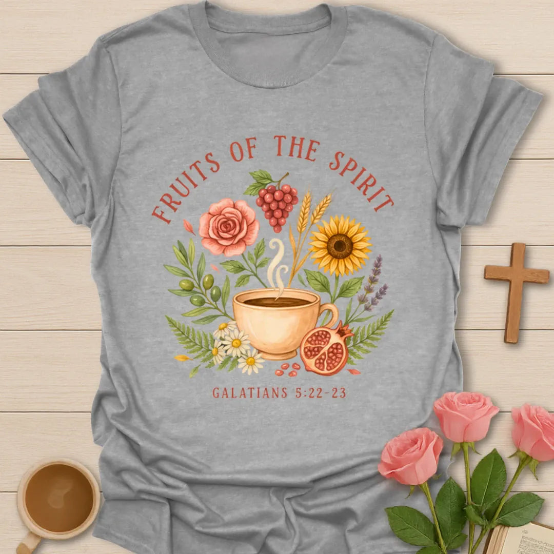 Fruit of the Spirit tea shirt with teacup, fruit wreath, flowers, grapes, pomegranate, and Galatians 5 verse - Sport Grey
