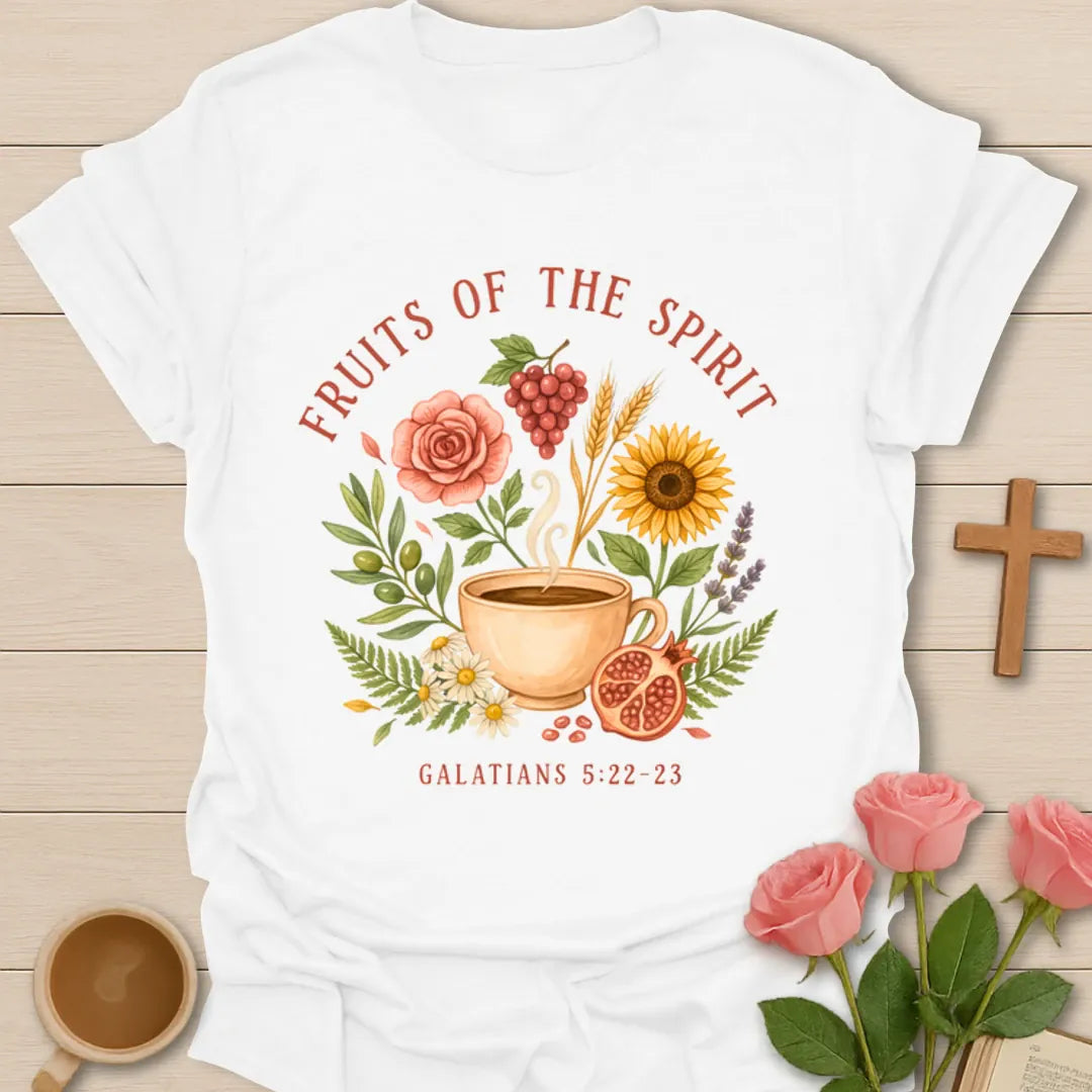 Fruit of the Spirit tea shirt with teacup, fruit wreath, flowers, grapes, pomegranate, and Galatians 5 verse - White
