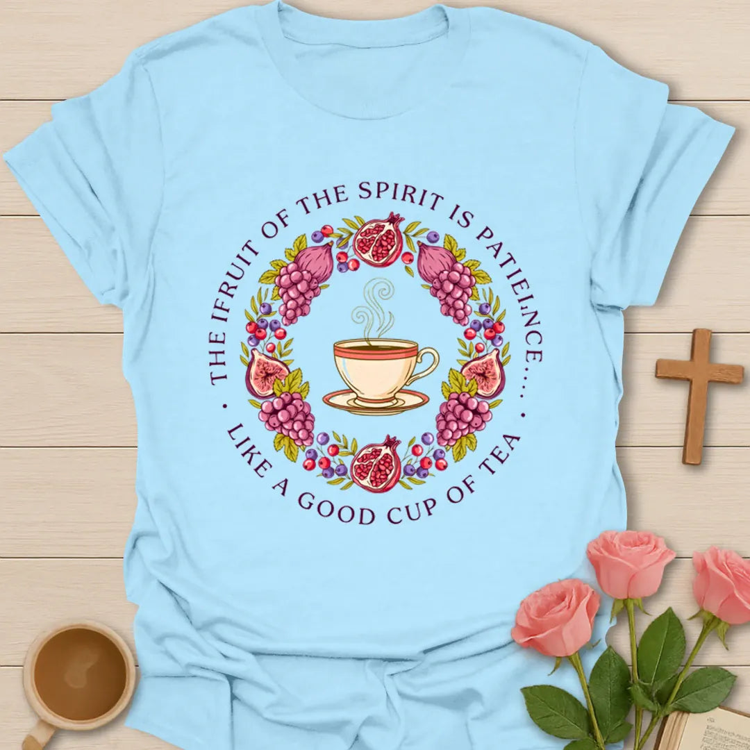 Fruits of the Spirit Christian shirt with flowers, fruit, wheat, teacup, botanicals, and Galatians 5 verse - Light Blue
