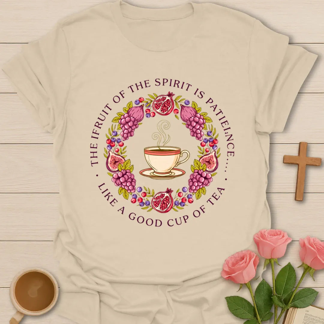Fruits of the Spirit Christian shirt with flowers, fruit, wheat, teacup, botanicals, and Galatians 5 verse - Sand