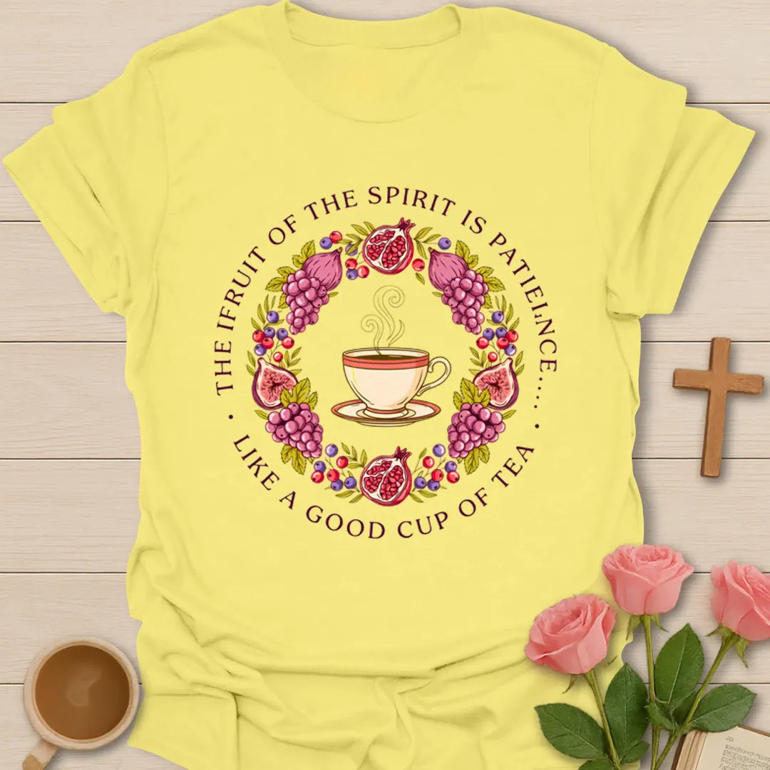Fruits of the Spirit Christian shirt with flowers, fruit, wheat, teacup, botanicals, and Galatians 5 verse - Cornsilk
