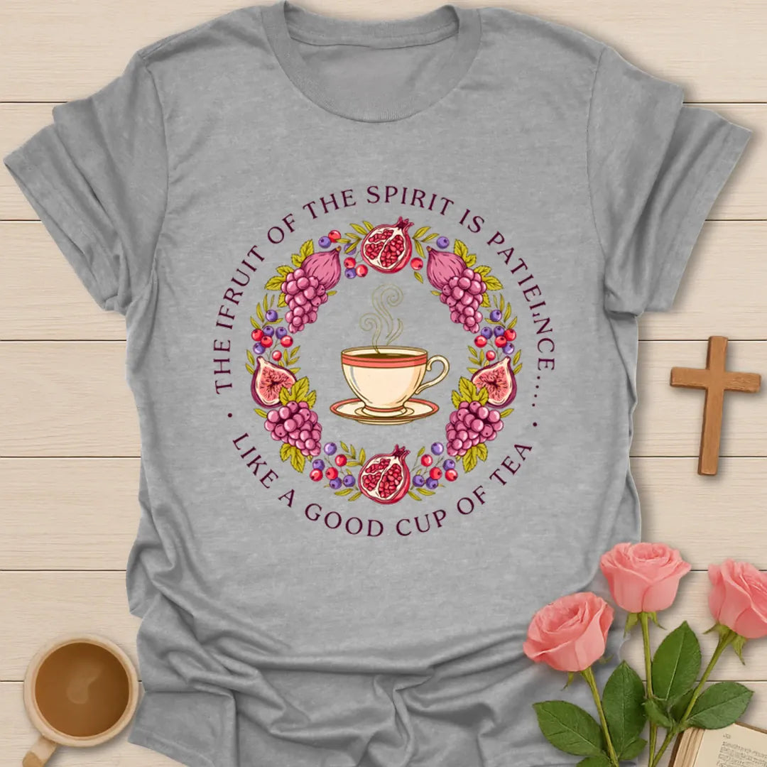 Fruits of the Spirit Christian shirt with flowers, fruit, wheat, teacup, botanicals, and Galatians 5 verse - Sport Grey