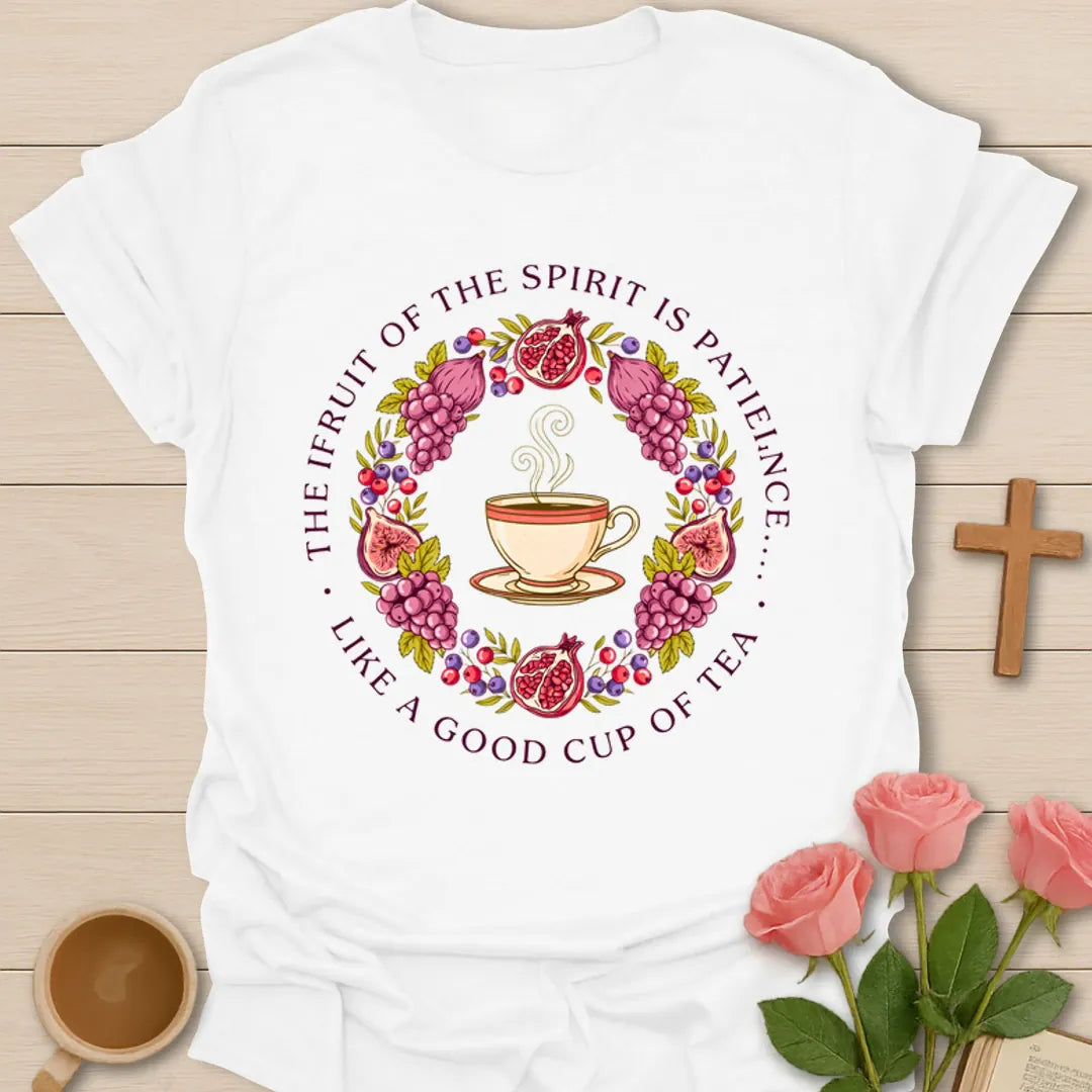 Fruits of the Spirit Christian shirt with flowers, fruit, wheat, teacup, botanicals, and Galatians 5 verse - White