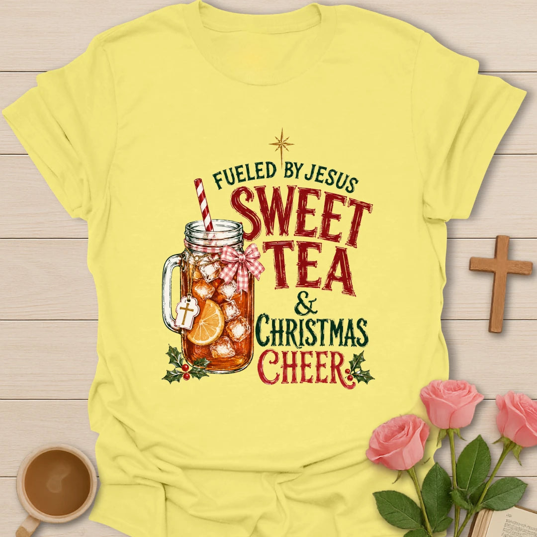 Fueled By Christmas Cheer t-shirt with holiday lettering and cozy Christmas tea design - Cornsilk
