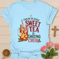 Fueled By Christmas Cheer t-shirt with holiday lettering and cozy Christmas tea design - Light Blue