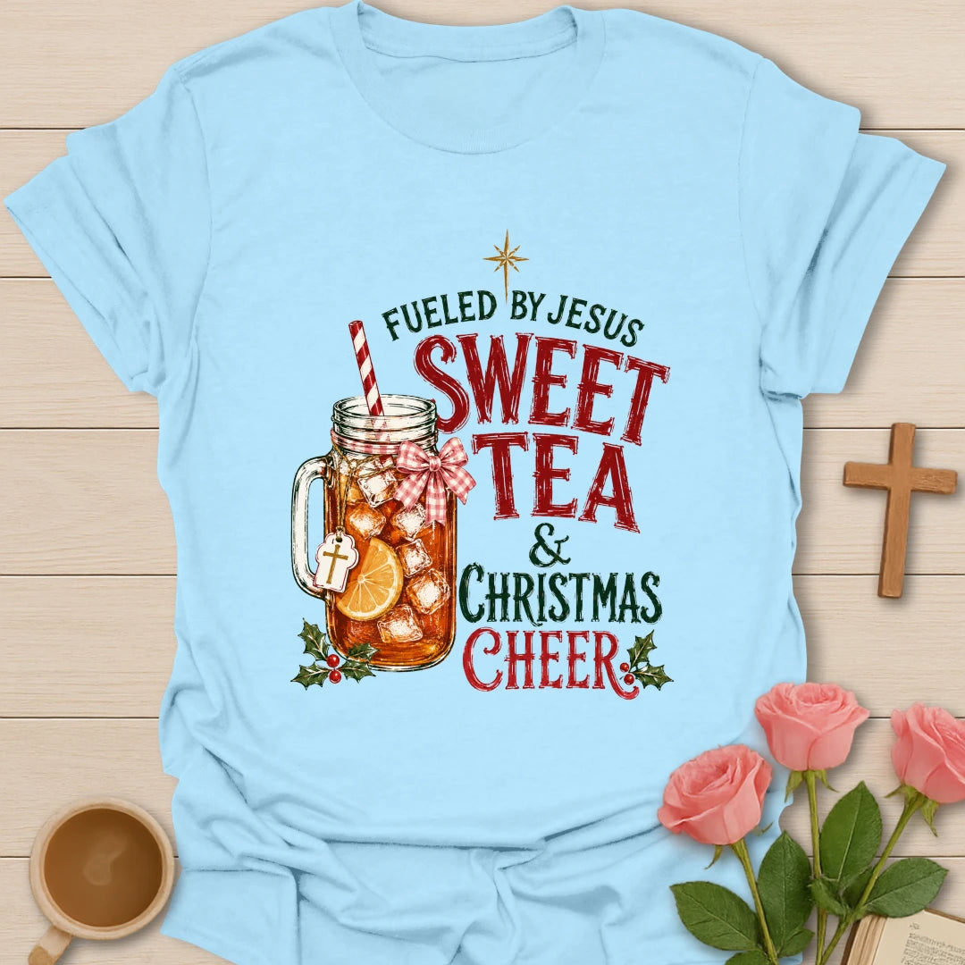 Fueled By Christmas Cheer t-shirt with holiday lettering and cozy Christmas tea design - Light Blue