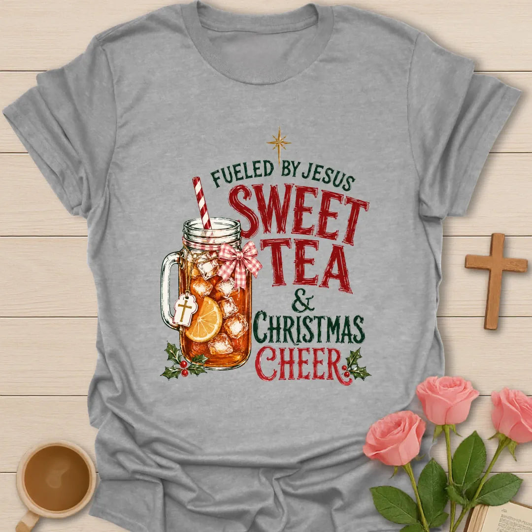 Fueled By Christmas Cheer t-shirt with holiday lettering and cozy Christmas tea design - Sport Grey