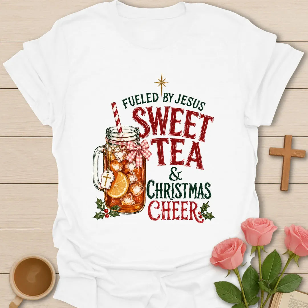Fueled By Christmas Cheer t-shirt with holiday lettering and cozy Christmas tea design - White